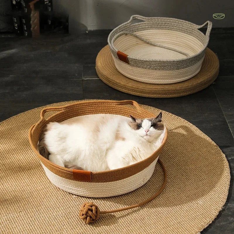 Cat Bed Pet Nest Pure Manual Rattan Woven Cattailgrass Cat Scratch Board Removable Washable Winter Warm Pad All-Season
