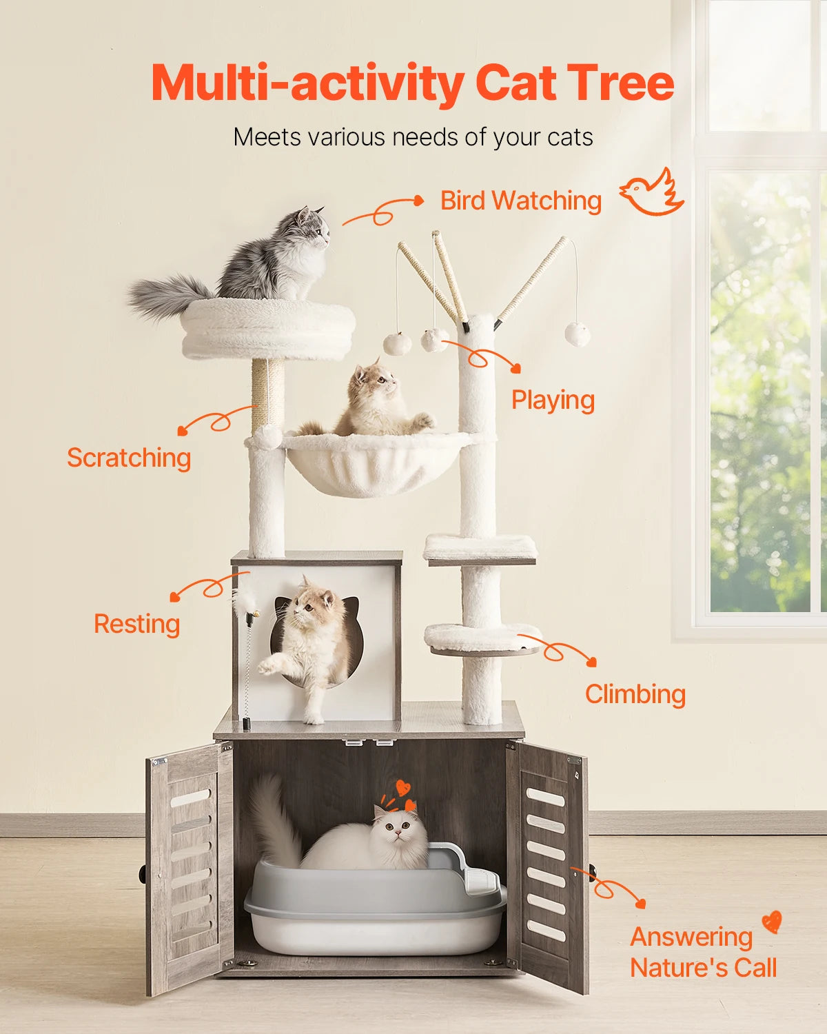 VEVOR Large Cat Tree with Litter Box Enclosure Multi-level Cat Condo Furniture with Sisal Scratching Post Hammock for Indoor Cat