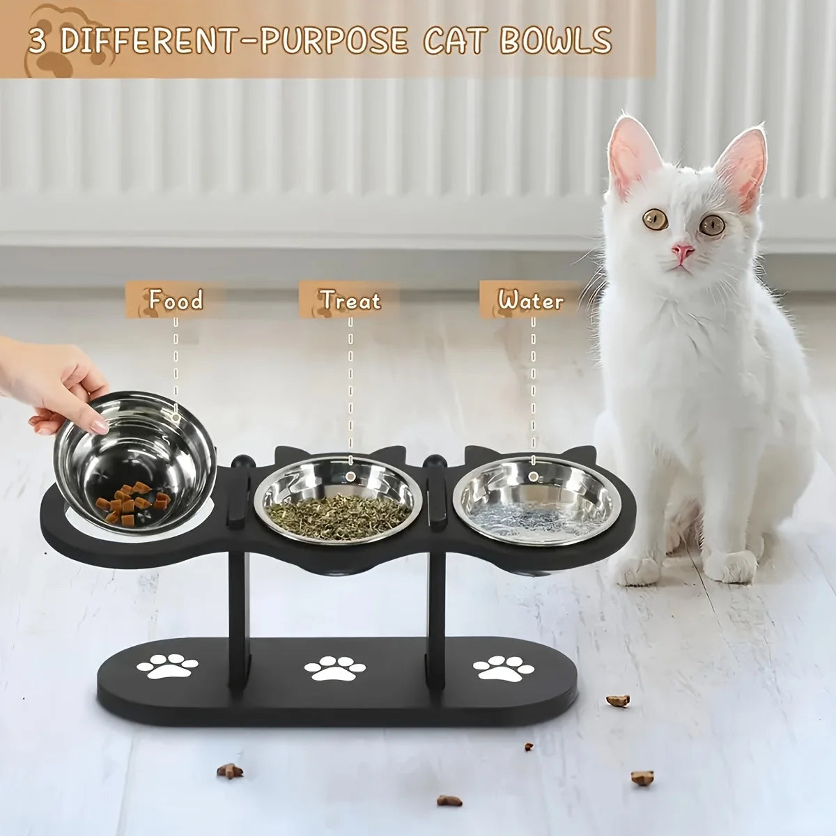 3 Bowls Wooden Elevated Cat Feeder Stand With 15 Angle Adjustable Stainless Steel Dog Feeder Water Bowls Pet Feeding Utensils