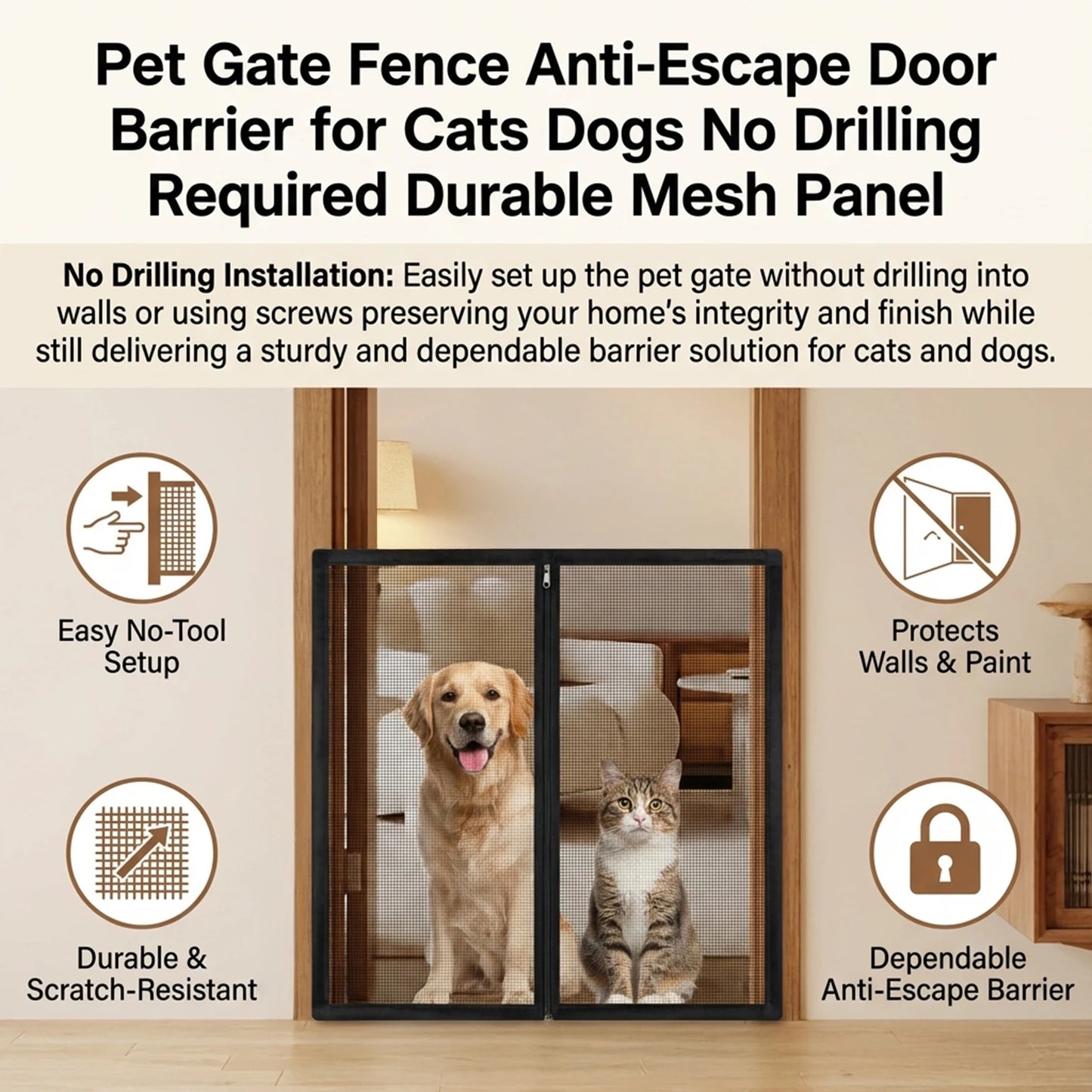 Pet Gate Fence No Drilling Mesh Barrier Anti Escape Door Guard for Cats and Dogs Durable Scratch Proof for Kitchen Stairs