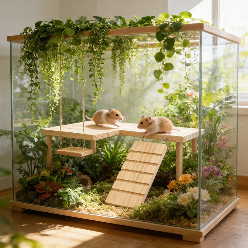 L-shaped Wooden Hamster Platform 2-Tier With Stairs Thickened Climbing Hideout Boredom Relief Small Pet Cage Habitat Decor