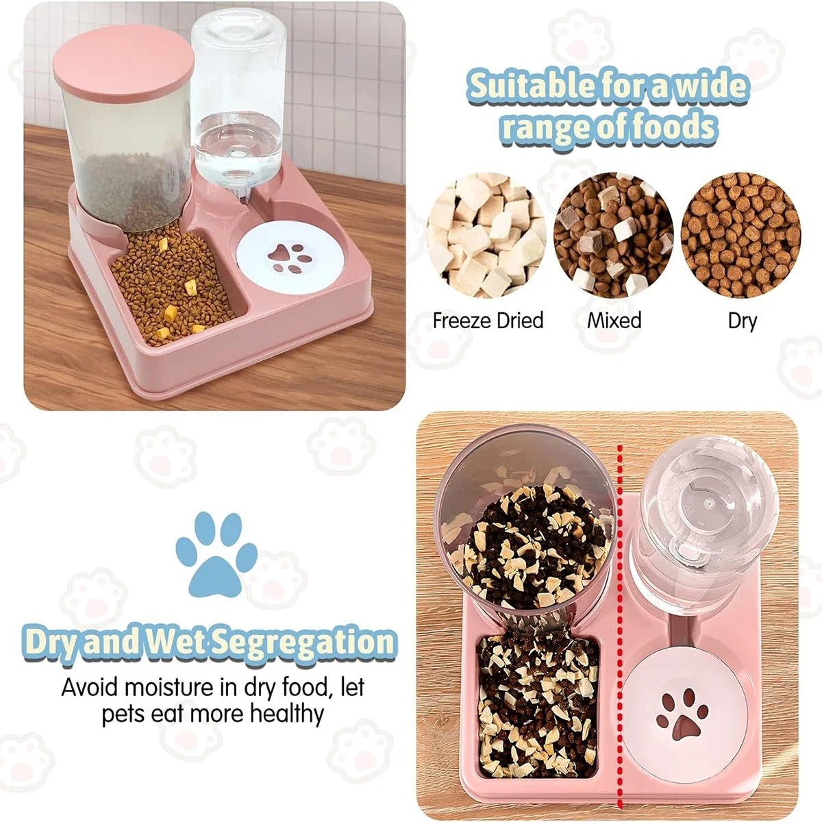PawMate Automatic Cat Feeder And Water Dispenser Set - 2 In 1 Tilted Gravity Feeder And Waterer