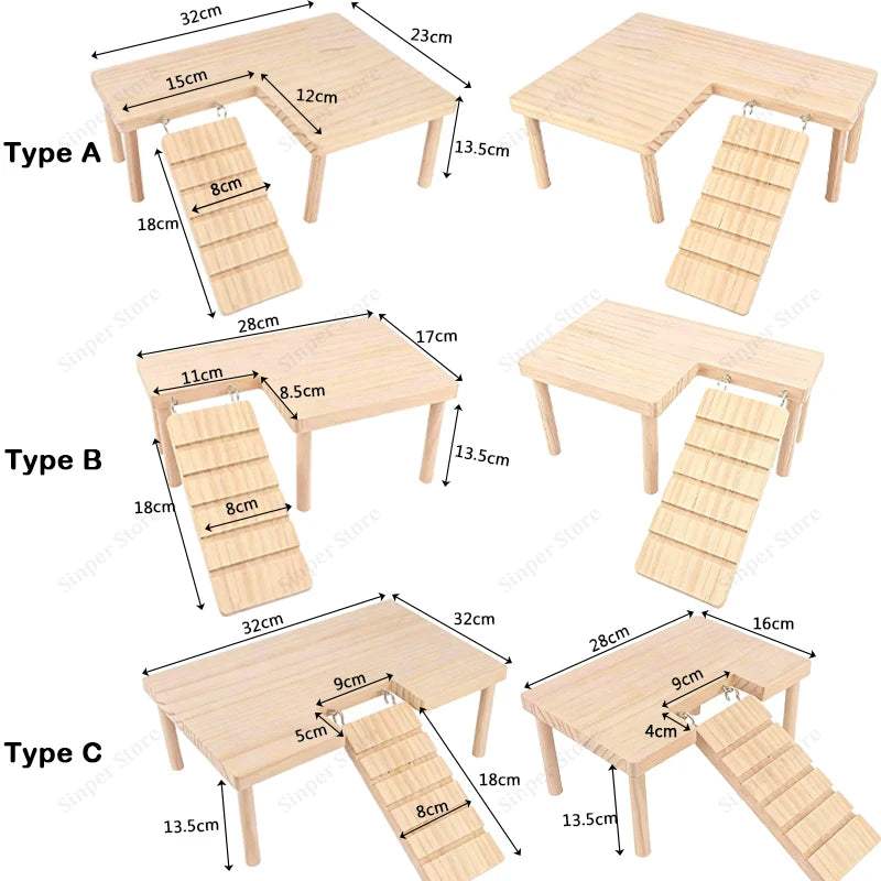L-shaped Wooden Hamster Platform 2-Tier With Stairs Thickened Climbing Hideout Boredom Relief Small Pet Cage Habitat Decor