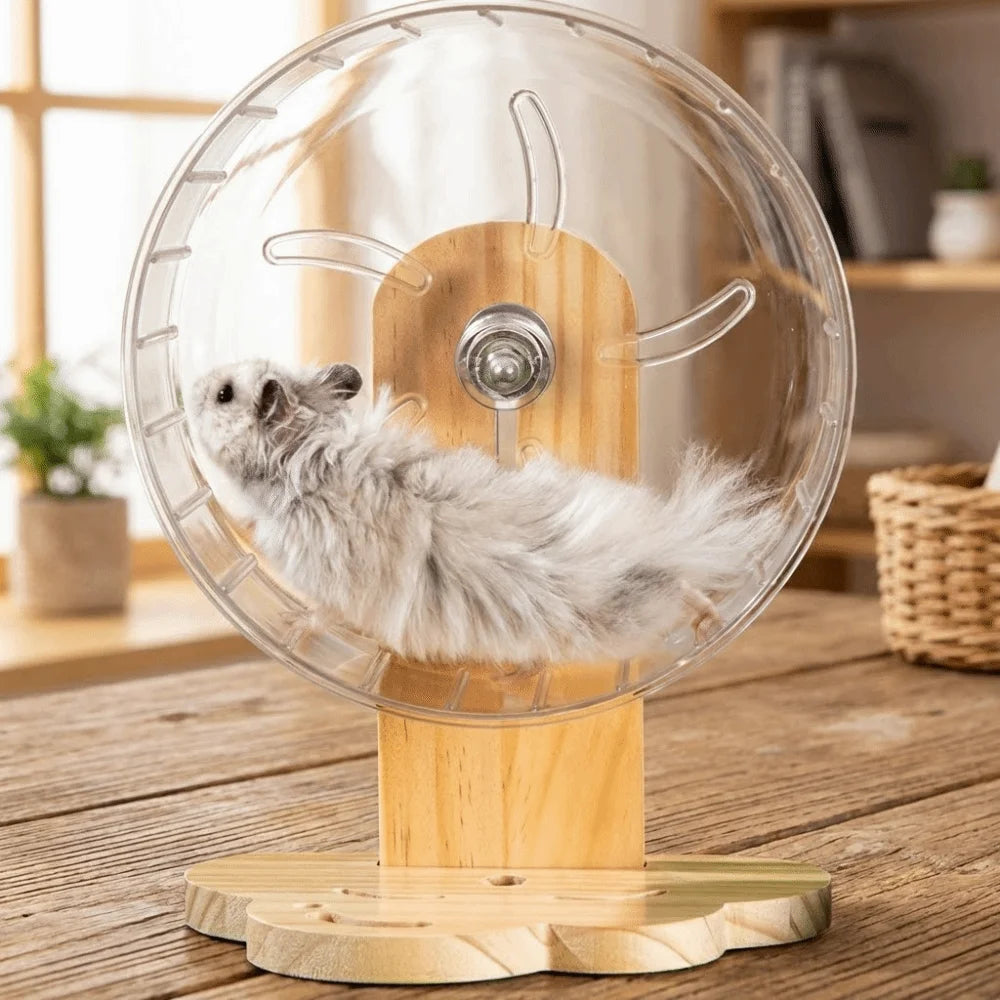 Transparent Hamster Exercise Wheel Adjustable Height Sturdy Silent Running Wheel Thickened Wooden Stand Pet Exercise Toy