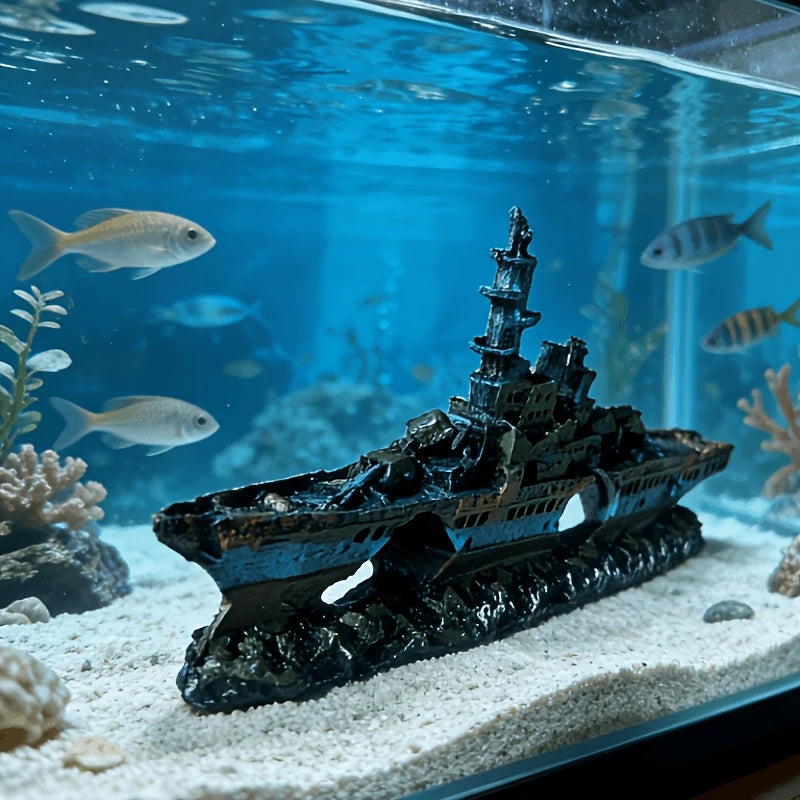 Aquarium Decoration Shipwreck Landscape with Textured Rock Design - Fish Habitat, Solid Structure Suitable for Aquatic Pets
