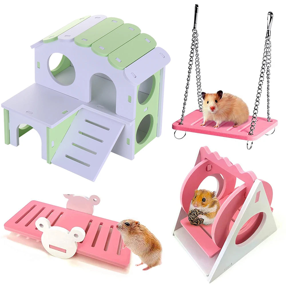 Hamster Play Toys Set Wooden Hamster House Boredom Breaker Activity Toy DIY Hamster Cage Accessories for Small Pets