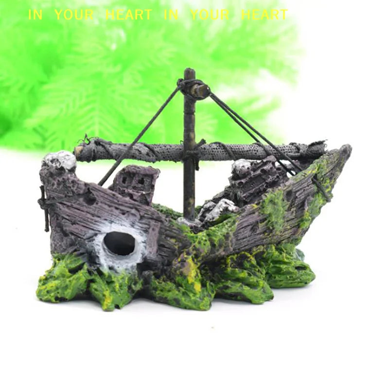 【X】Aquarium Ornament Wreck Sunk Ship Sailing Boat Destroyer Fish Tank Cave Decor
