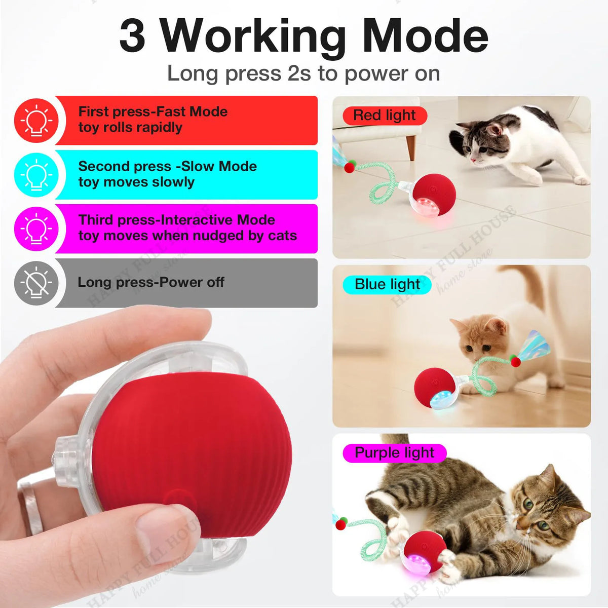 Cat Toys Interactive with 3 Play Modes, Automatic Cat Toys, Electric Moving Ball for Indoor Bored Kitten & Adult Cats