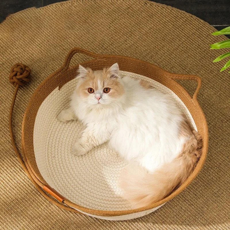 Cat Bed Pet Nest Pure Manual Rattan Woven Cattailgrass Cat Scratch Board Removable Washable Winter Warm Pad All-Season