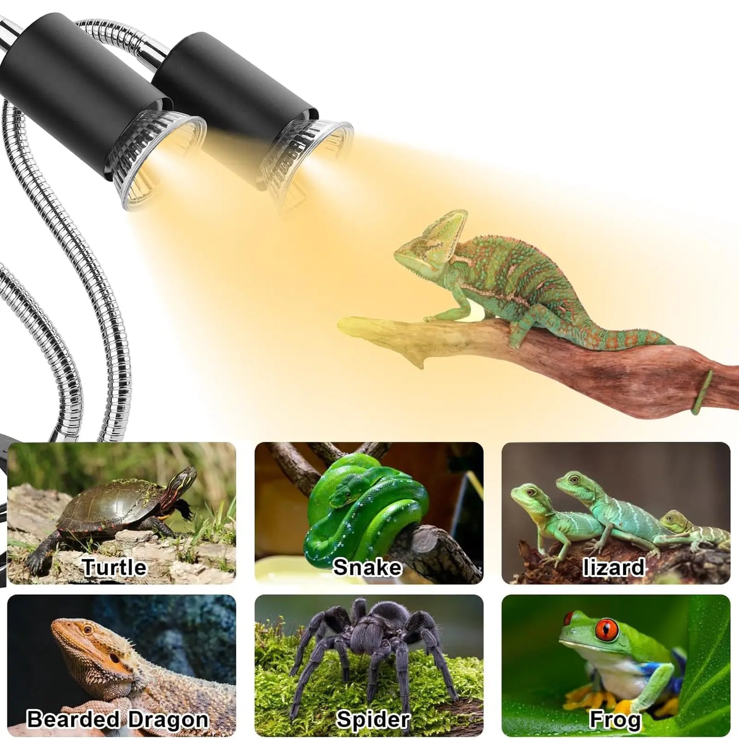 Reptile Heat Lamp Double-Head Heat Lamp with Clamp UVA UVB Reptile Light with Intelligent Cycle Timer with 2 Bulbs 25W+50W