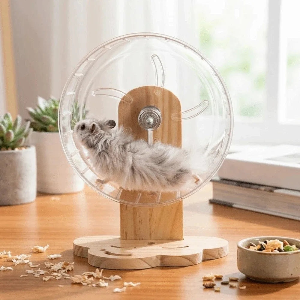 Transparent Hamster Exercise Wheel Adjustable Height Sturdy Silent Running Wheel Thickened Wooden Stand Pet Exercise Toy
