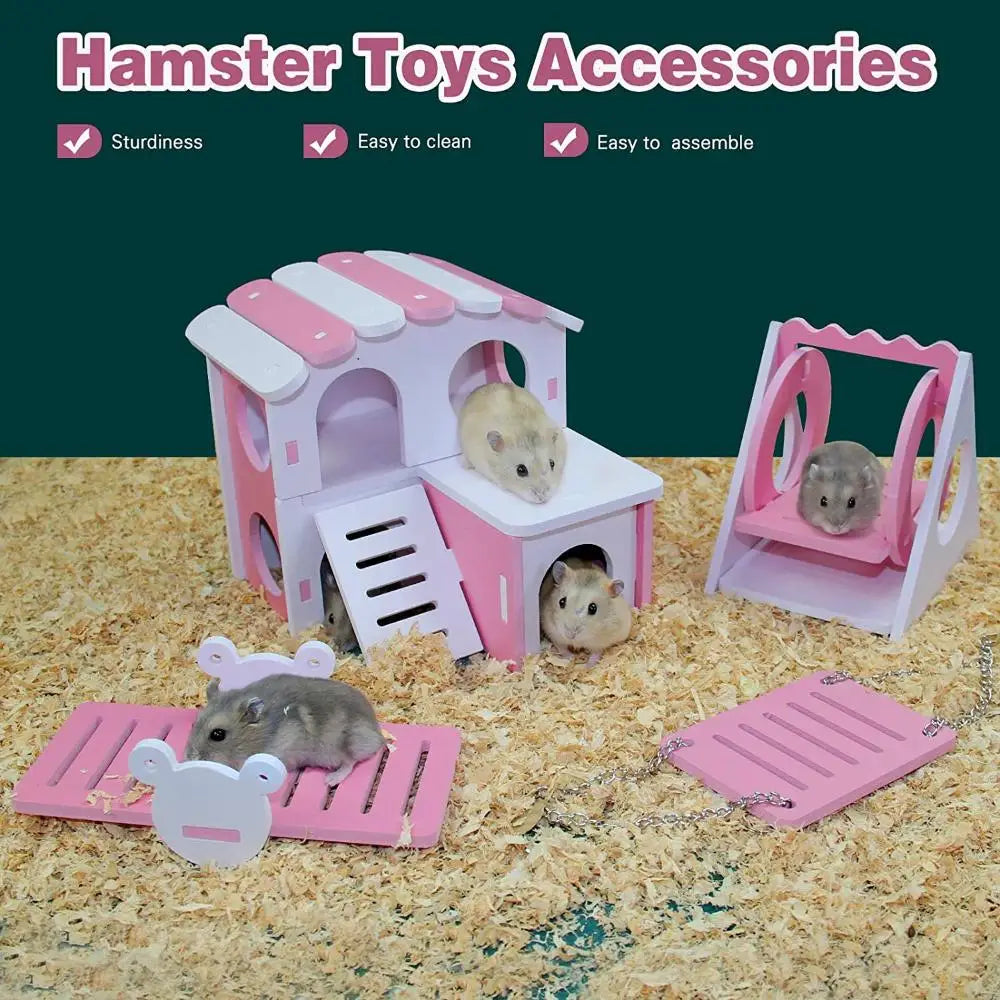 Hamster Play Toys Set Wooden Hamster House Boredom Breaker Activity Toy DIY Hamster Cage Accessories for Small Pets