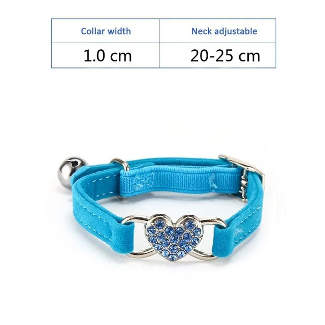 Soft Comfortable Plush Cat Collar Faux Diamond Heart Elastic Rubber Design with Bell Breakaway Safety Essential Pet Accessary