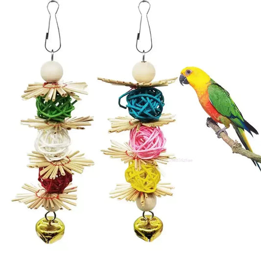 Moonbiffy Hanging Parrot Chew Toy With Bell Rattan Grass Cage Enrichment Colorful Fun