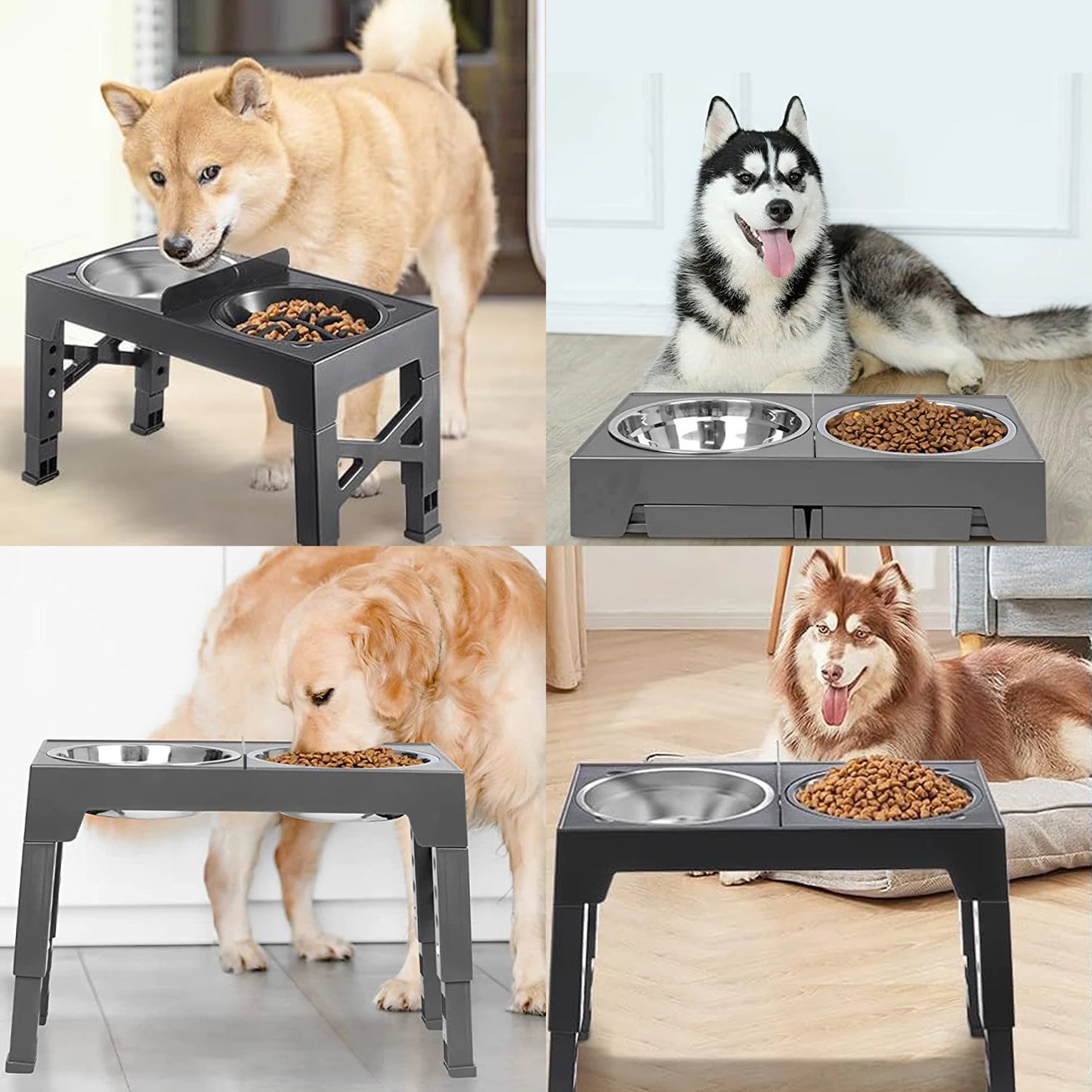 Adjustable Elevated Dog Bowls Foldable Raised Pet Feeder with Stainless Steel Bowls for Small Medium Large Dogs Reducing Neck