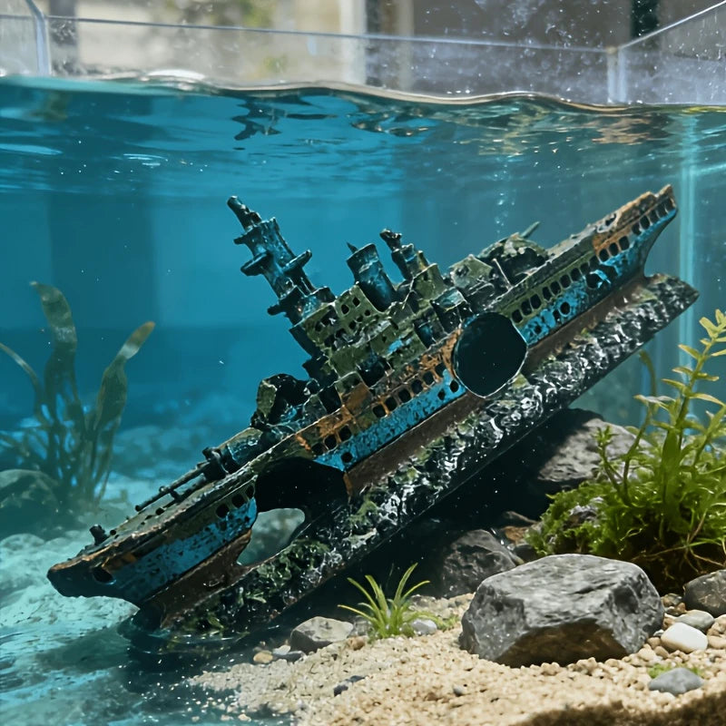 Aquarium Decoration Shipwreck Landscape with Textured Rock Design - Fish Habitat, Solid Structure Suitable for Aquatic Pets