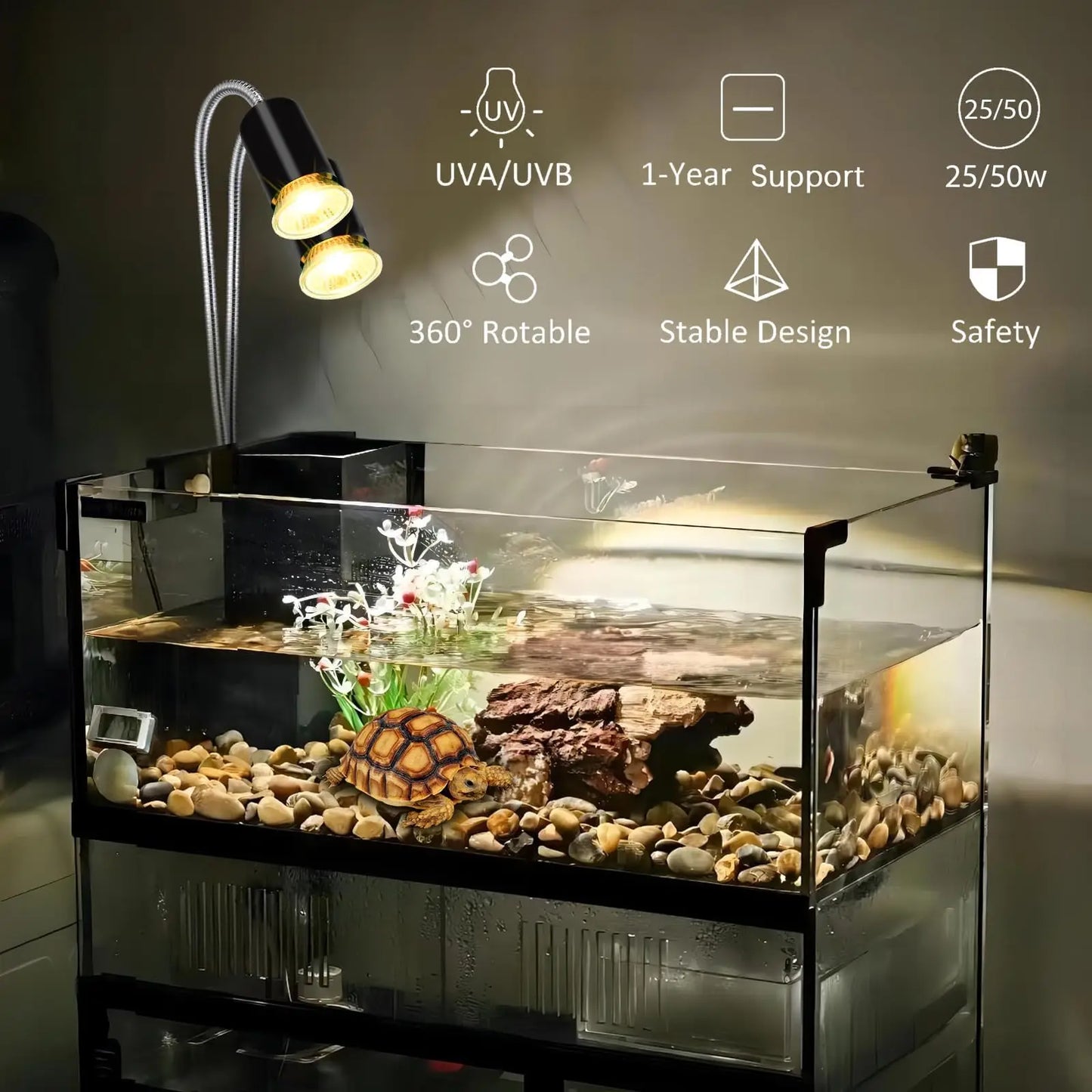 Reptile Heat Lamp Double-Head Heat Lamp with Clamp UVA UVB Reptile Light with Intelligent Cycle Timer with 2 Bulbs 25W+50W